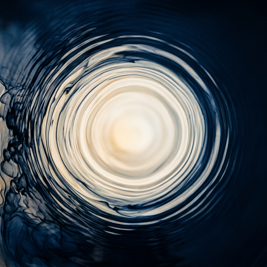 Concentric blue and cream fluid waves surrounding a bright center and rippling outward like a ringing last line of a book