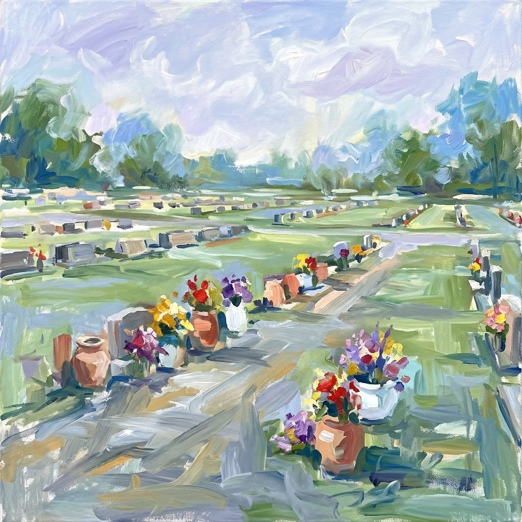 Painted cemetery with flower-covered graves and winding path